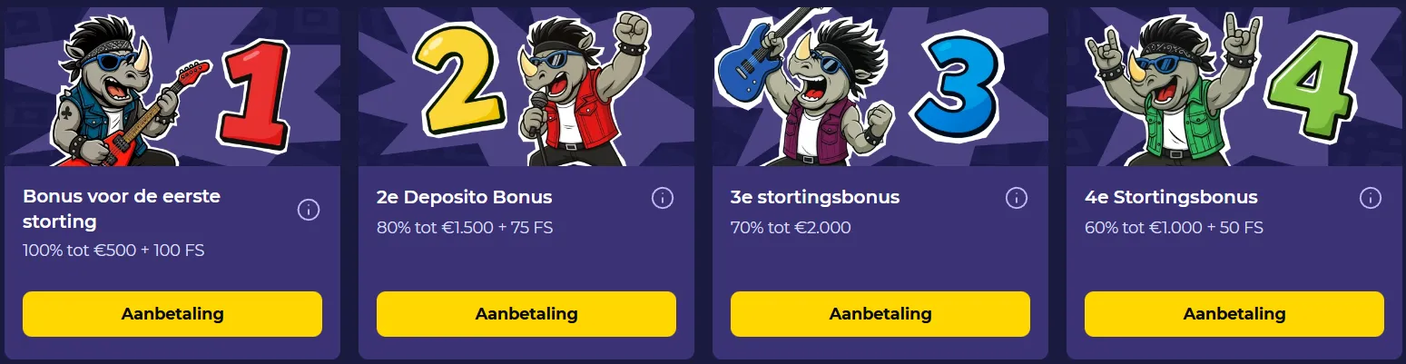 Spinorhino Casino welkomstbonus en stortingsbonussen overzicht