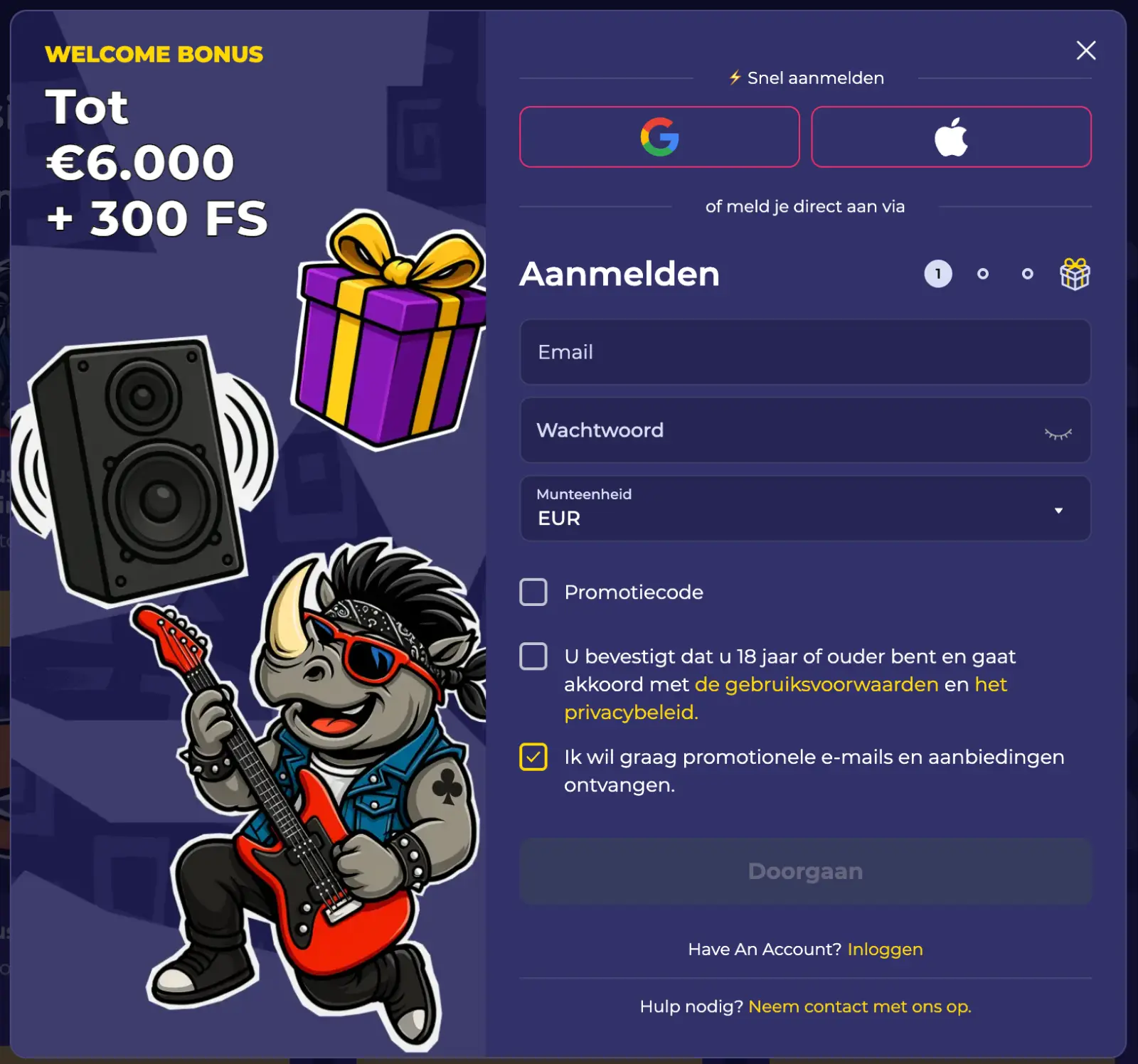 Registratieformulier voor een nieuw account bij Spinorhino Casino — €6.000
