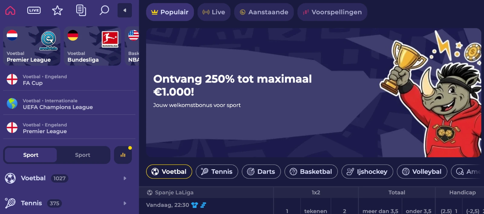 Sportweddenschappen in de sportsectie van Spinorhino Casino — 250%, €1.000